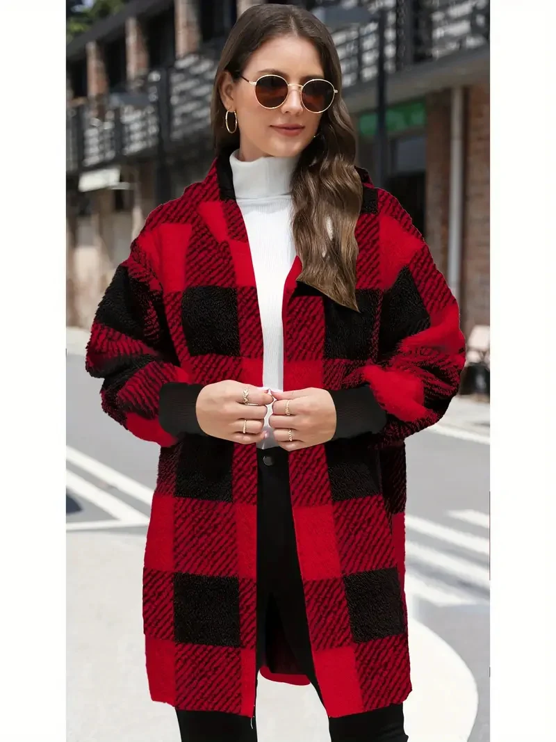 Damen Oversize Karierter Teddy-Mantel mit Kapuze und Eingrifftaschen Drune