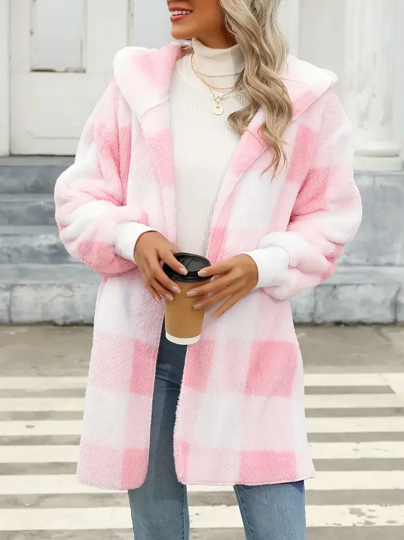 Damen Oversize Karierter Teddy-Mantel mit Kapuze und Eingrifftaschen Drune