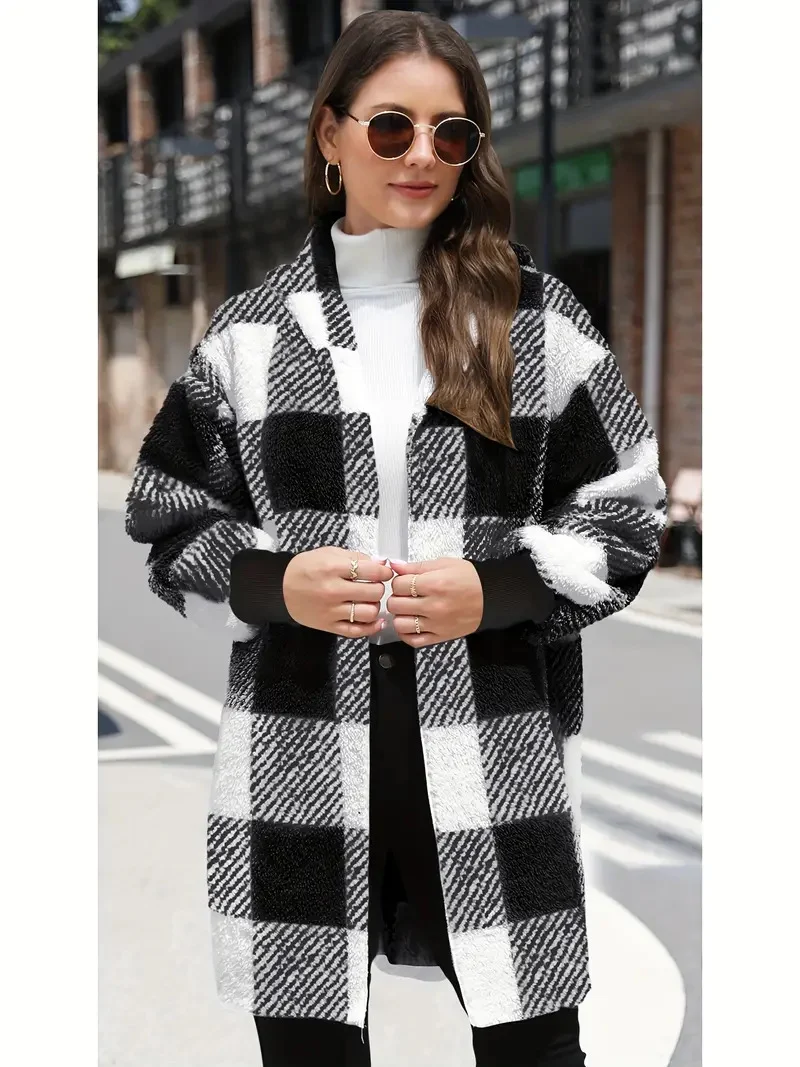 Damen Oversize Karierter Teddy-Mantel mit Kapuze und Eingrifftaschen Drune