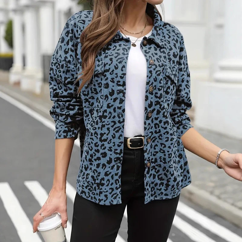 Damen Oversize Hemdjacke im Cord‑Look mit Leopardenprint Drune