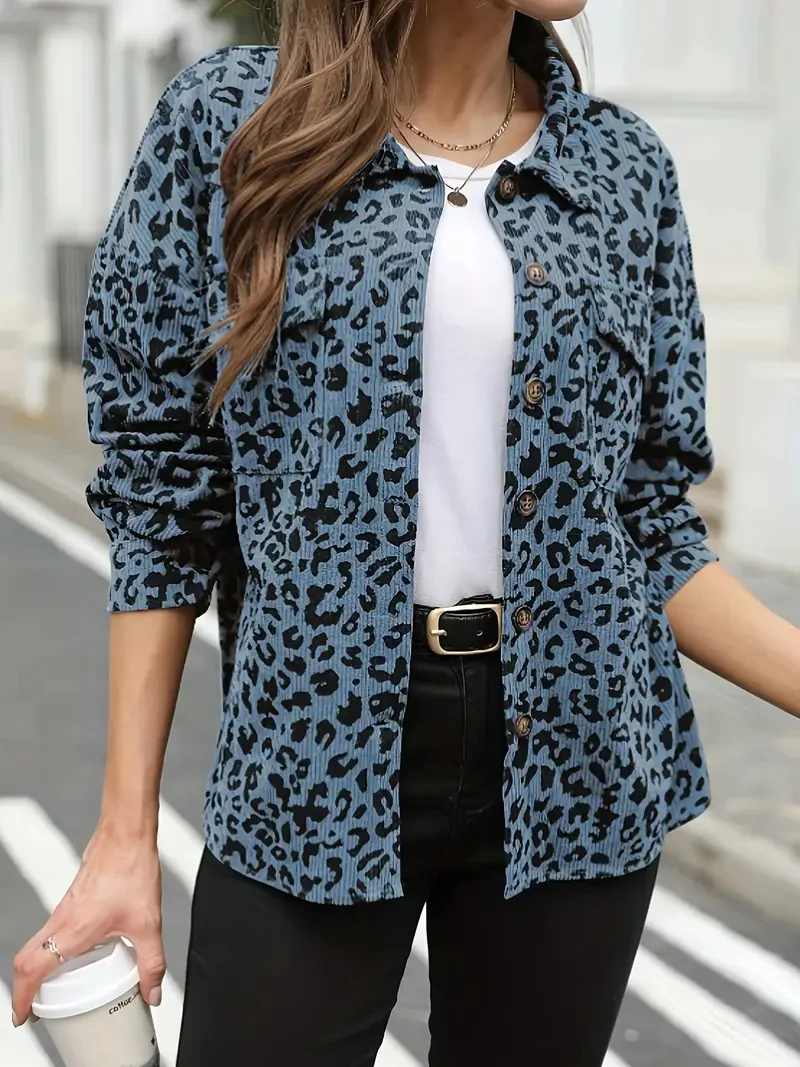 Damen Oversize Hemdjacke im Cord‑Look mit Leopardenprint Drune