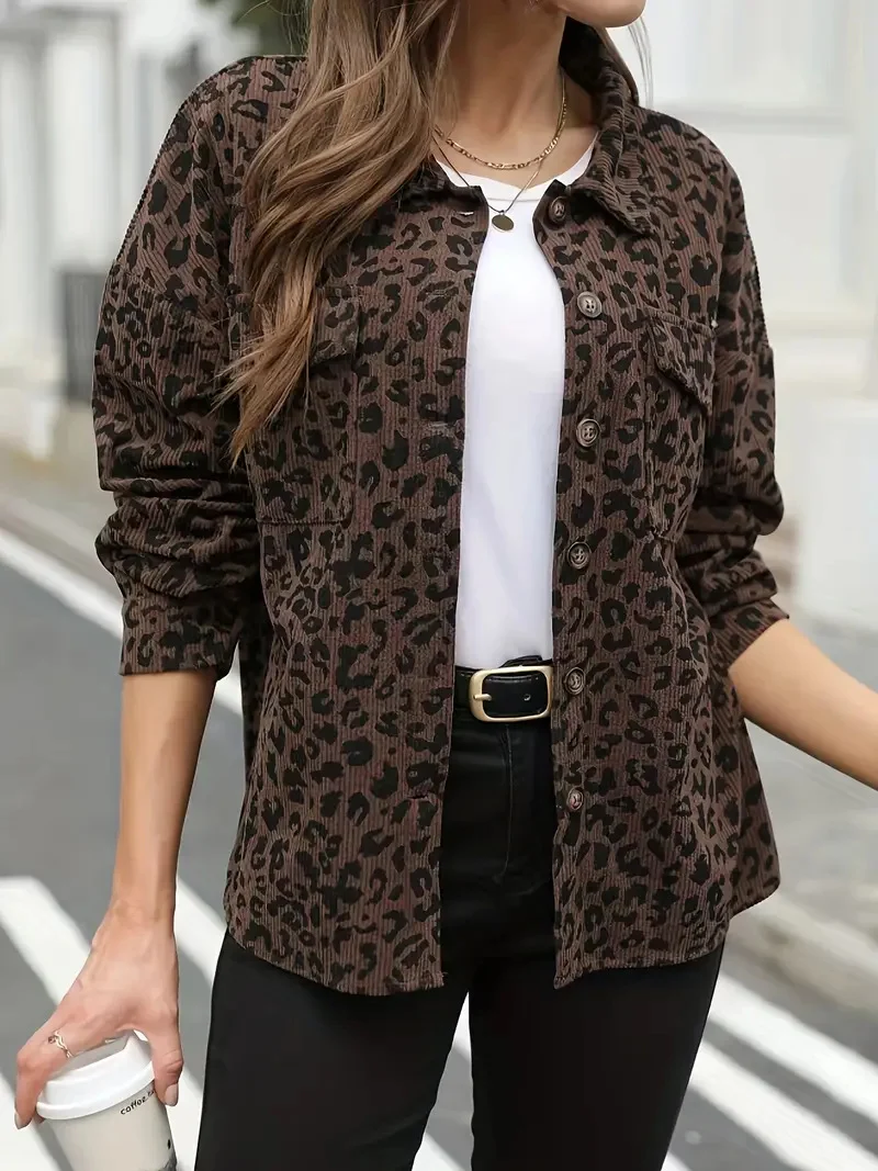 Damen Oversize Hemdjacke im Cord‑Look mit Leopardenprint Drune