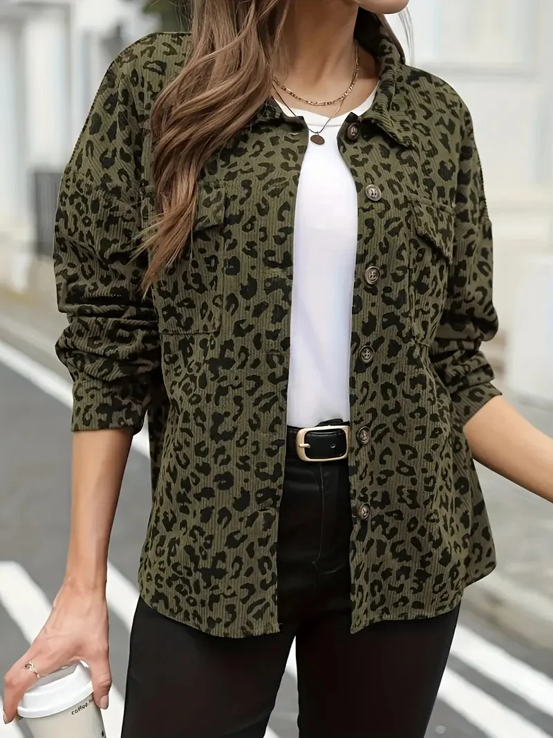 Damen Oversize Hemdjacke im Cord‑Look mit Leopardenprint Drune