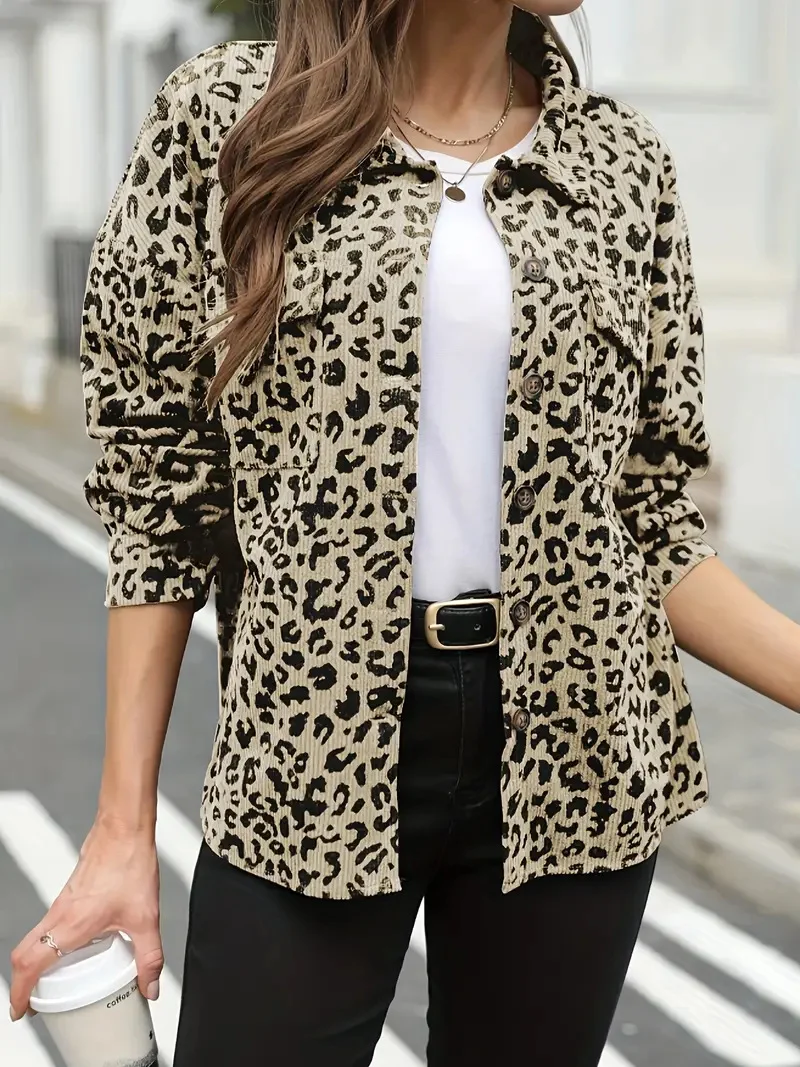 Damen Oversize Hemdjacke im Cord‑Look mit Leopardenprint Drune