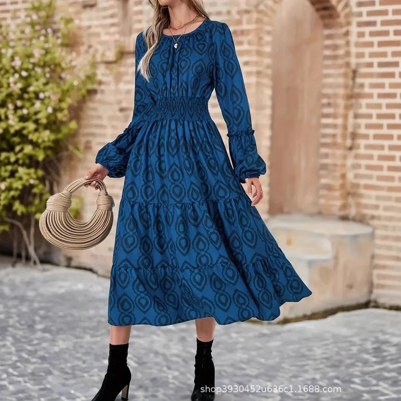 Damen Midikleid mit elastischem Smokbund, Stufenrock und Trompetenärmeln Drune