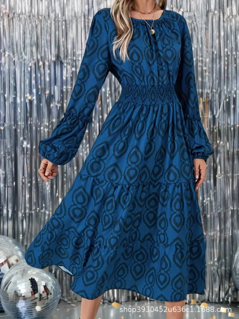 Damen Midikleid mit elastischem Smokbund, Stufenrock und Trompetenärmeln Drune