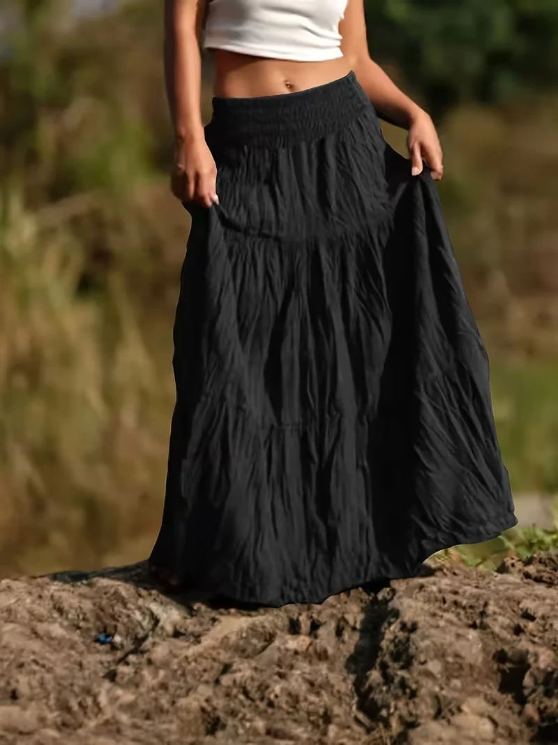 Damen Maxirock mit Stufen, gerafftem Smokbund und luftigem Crinkle-Stoff Drune
