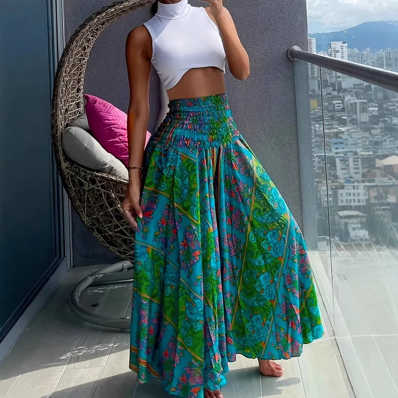 Damen Maxirock mit hohem Smokbund und floraler Paisley‑Optik Drune