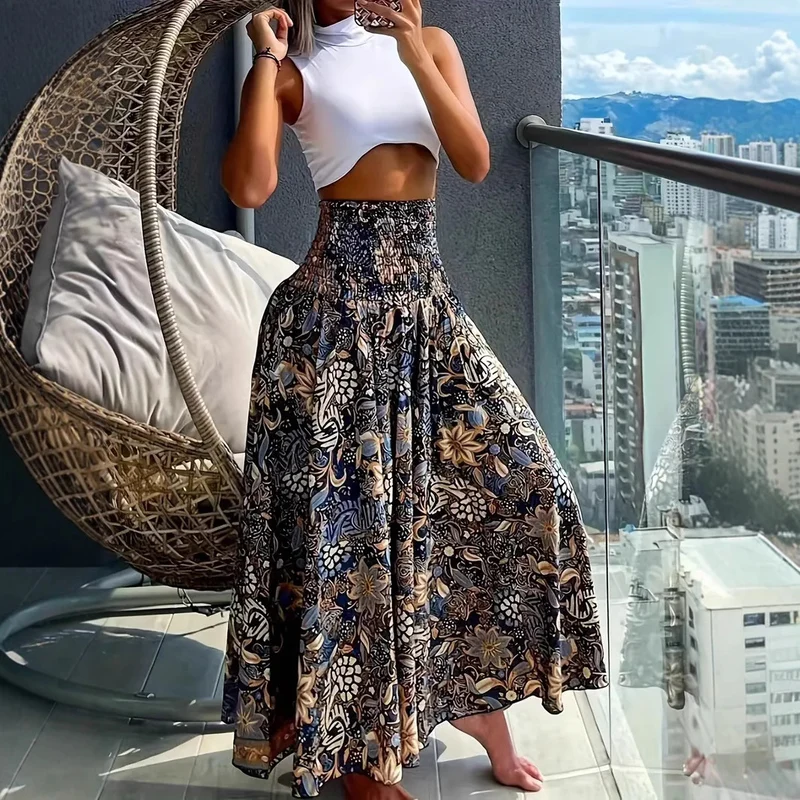 Damen Maxirock mit hohem Smokbund und floraler Paisley‑Optik Drune