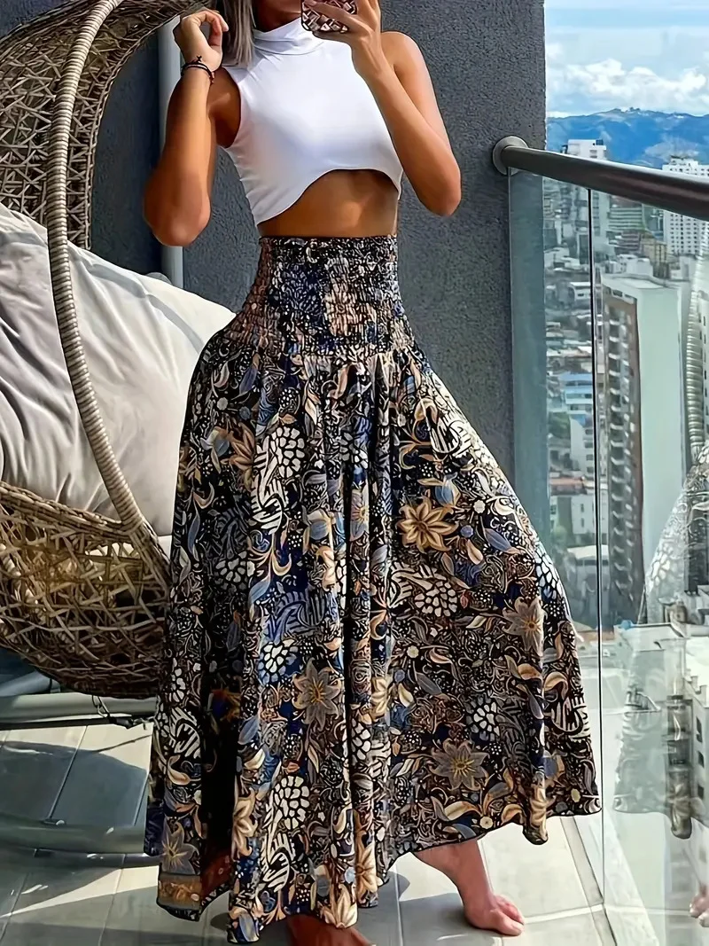 Damen Maxirock mit hohem Smokbund und floraler Paisley‑Optik Drune