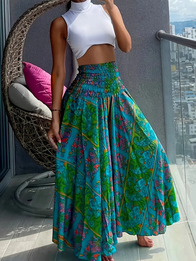 Damen Maxirock mit hohem Smokbund und floraler Paisley‑Optik Drune