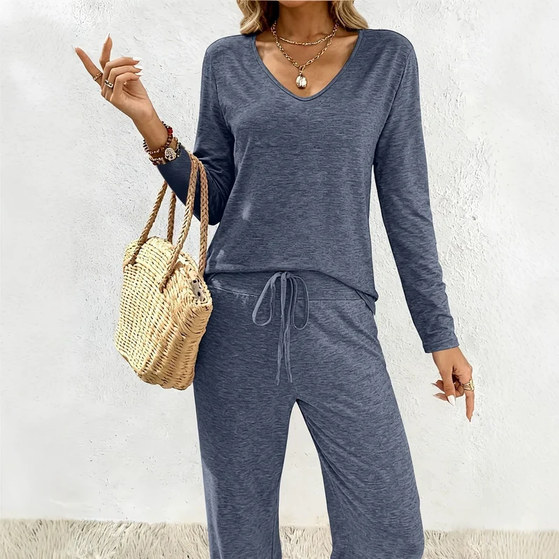 Damen Lounge-Set aus weichem Viskose-Modal-Mix mit V-Ausschnitt, Tunnelzughose und weitem Bein Drune