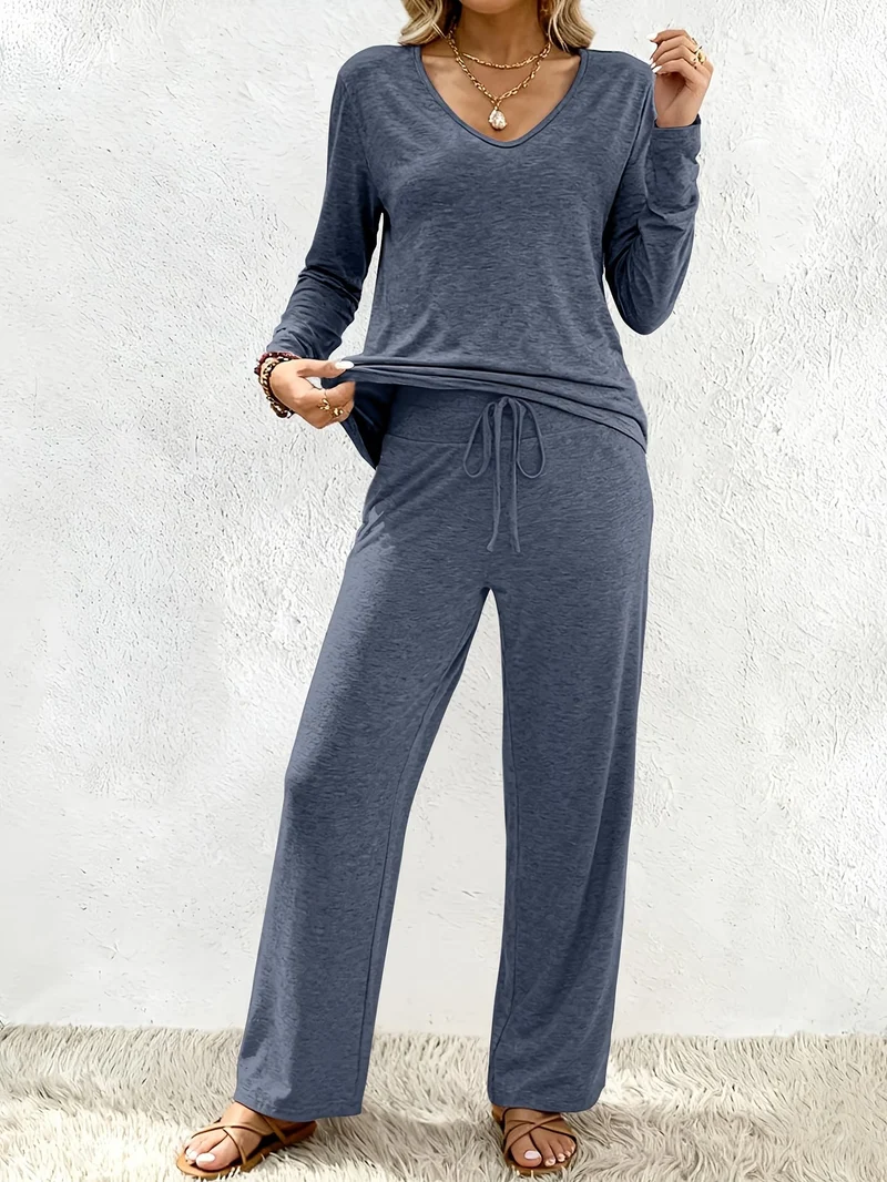 Damen Lounge-Set aus weichem Viskose-Modal-Mix mit V-Ausschnitt, Tunnelzughose und weitem Bein Drune