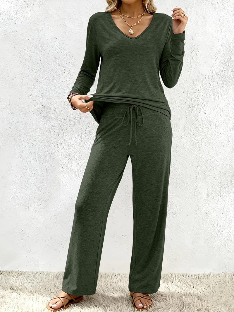 Damen Lounge-Set aus weichem Viskose-Modal-Mix mit V-Ausschnitt, Tunnelzughose und weitem Bein Drune