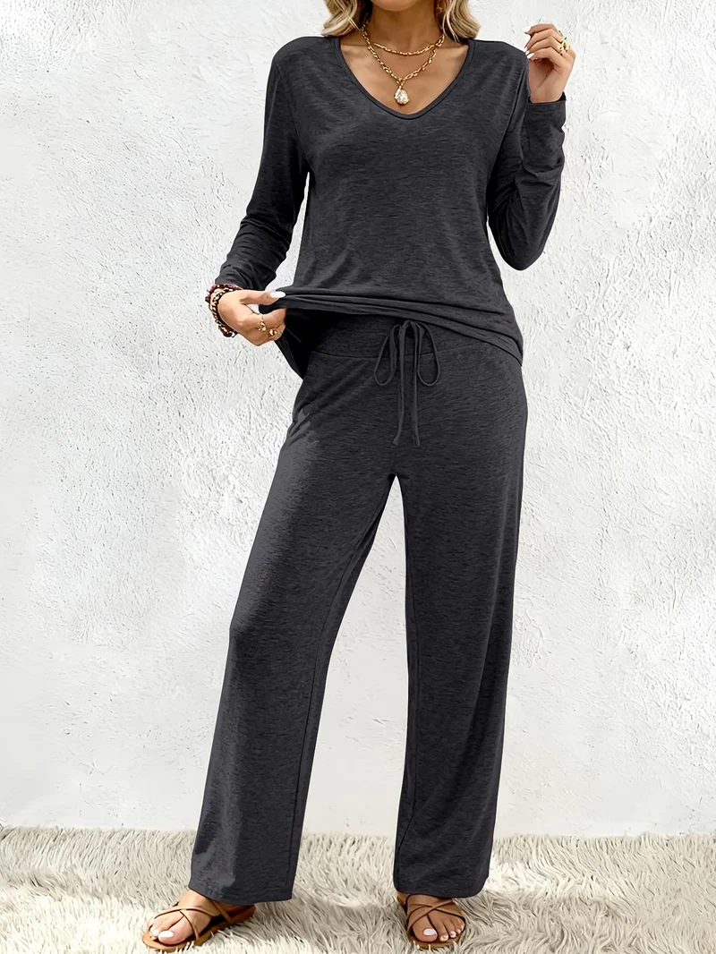 Damen Lounge-Set aus weichem Viskose-Modal-Mix mit V-Ausschnitt, Tunnelzughose und weitem Bein Drune