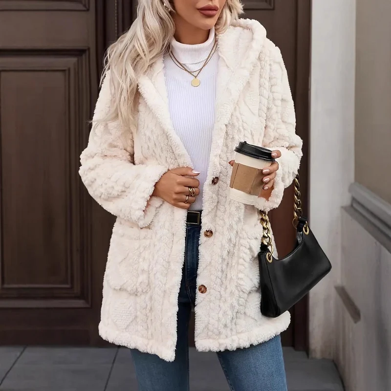 Damen Kuschelige Teddyjacke mit Kapuze, Knopfleiste und aufgesetzten Taschen Drune
