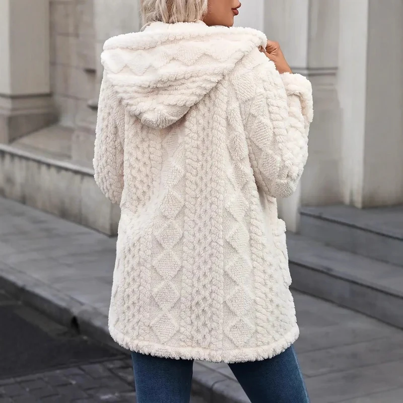 Damen Kuschelige Teddyjacke mit Kapuze, Knopfleiste und aufgesetzten Taschen Drune