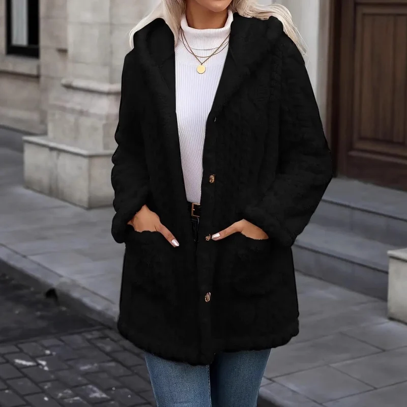 Damen Kuschelige Teddyjacke mit Kapuze, Knopfleiste und aufgesetzten Taschen Drune