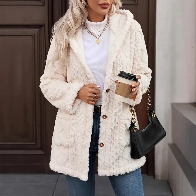 Damen Kuschelige Teddyjacke mit Kapuze, Knopfleiste und aufgesetzten Taschen Drune