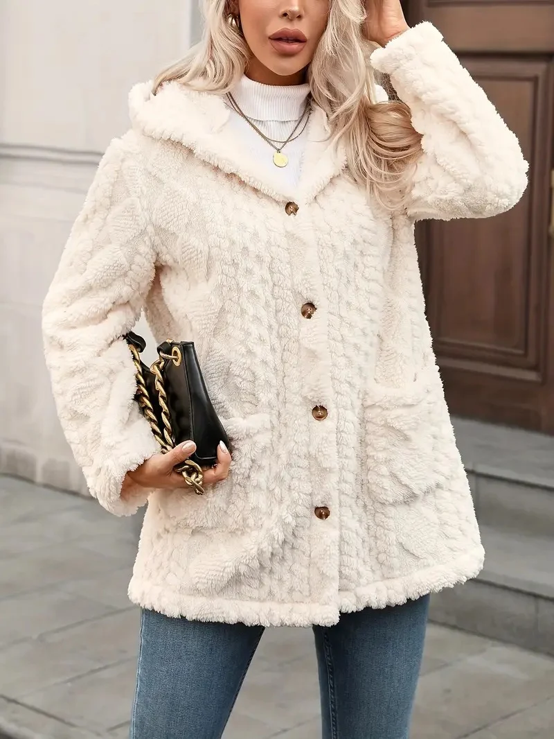 Damen Kuschelige Teddyjacke mit Kapuze, Knopfleiste und aufgesetzten Taschen Drune