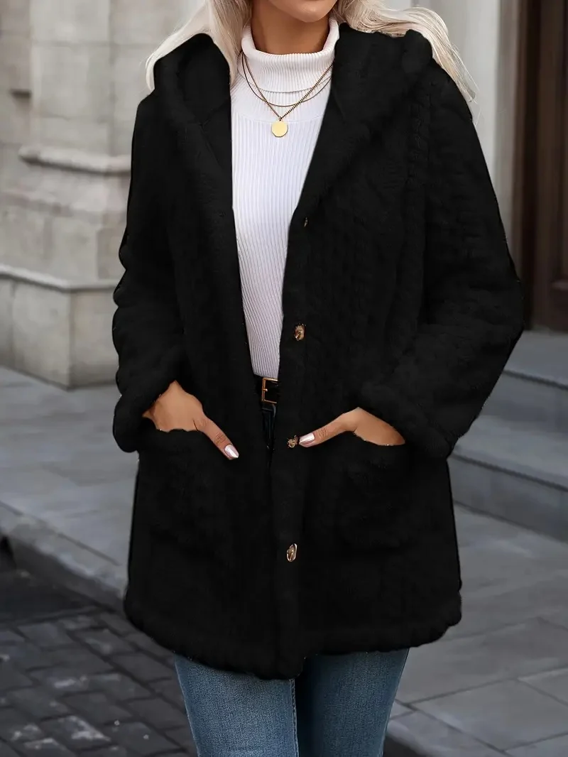 Damen Kuschelige Teddyjacke mit Kapuze, Knopfleiste und aufgesetzten Taschen Drune