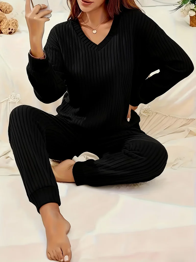 Damen Komfortables Rippstrick-Loungewear-Set mit V-Ausschnitt und Joggerhose Drune