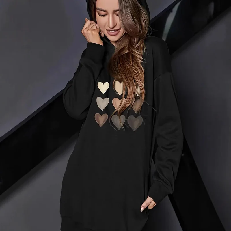 Damen Kapuzenkleid mit metallic Herz‑Print und oversized Sweatshirt‑Schnitt Drune