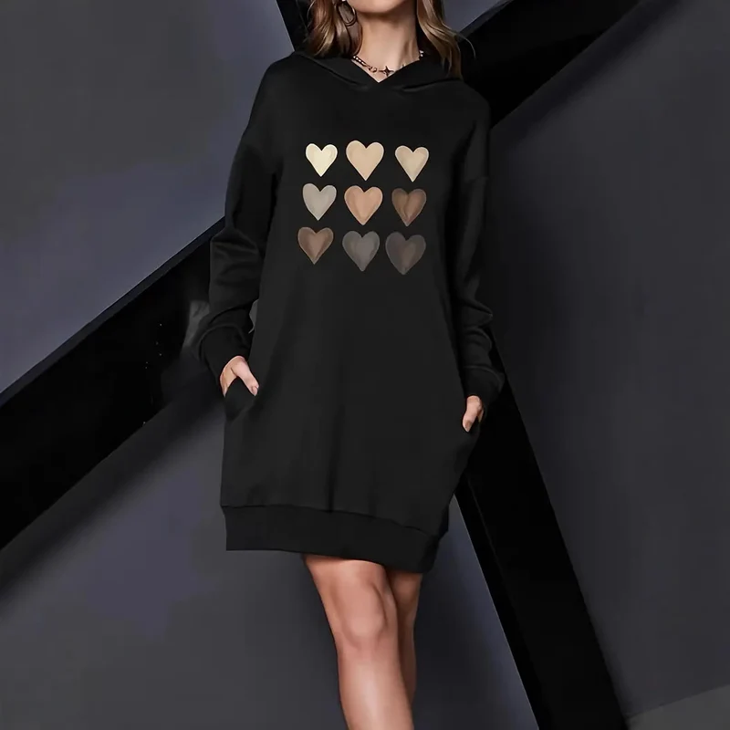 Damen Kapuzenkleid mit metallic Herz‑Print und oversized Sweatshirt‑Schnitt Drune