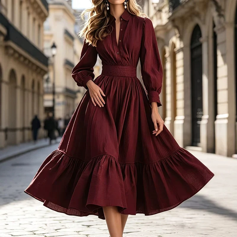 Damen Hemdblusenkleid mit breitem Smokbund, geschwungener Stufenvolant und langen Manschettenärmeln Drune