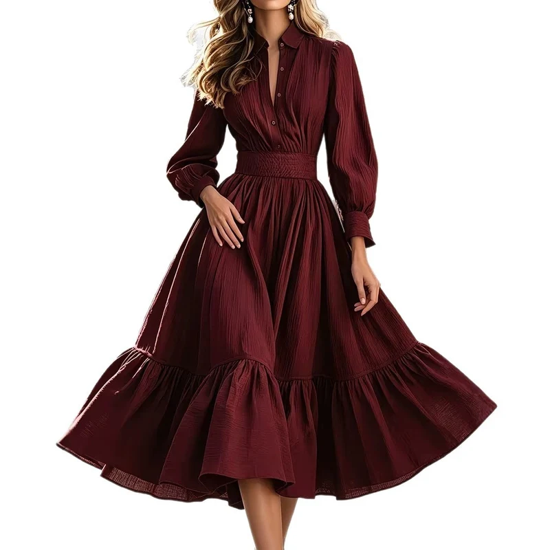 Damen Hemdblusenkleid mit breitem Smokbund, geschwungener Stufenvolant und langen Manschettenärmeln Drune