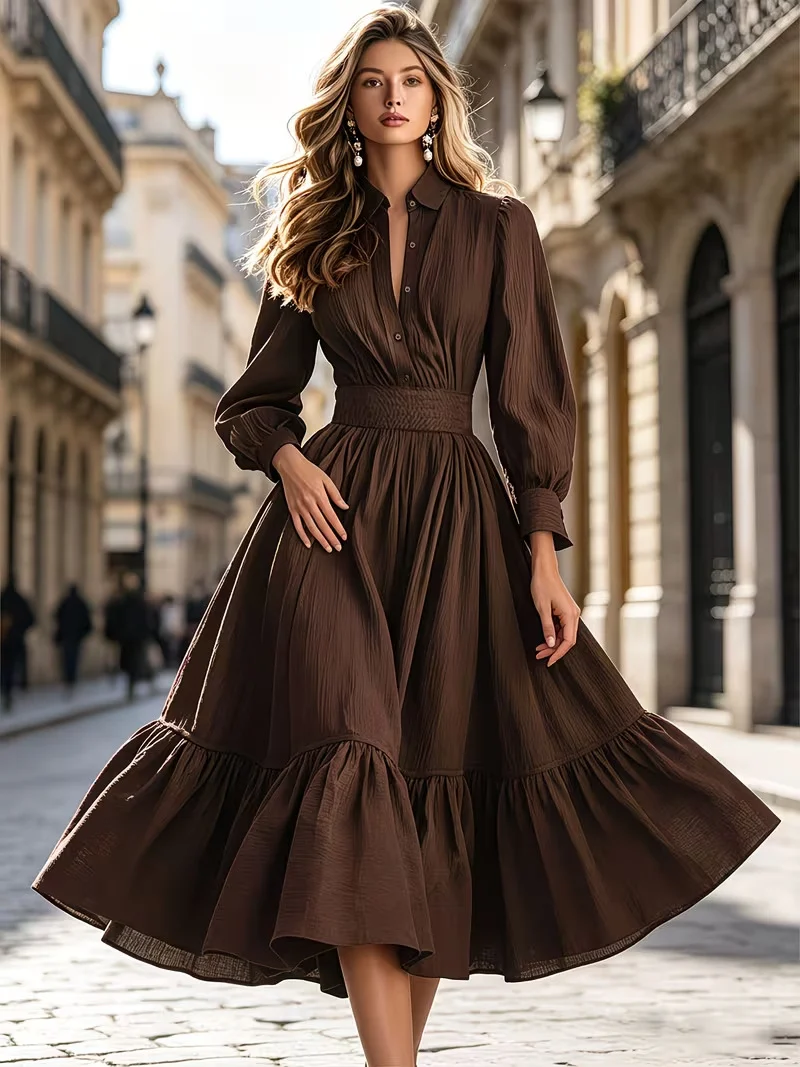Damen Hemdblusenkleid mit breitem Smokbund, geschwungener Stufenvolant und langen Manschettenärmeln Drune