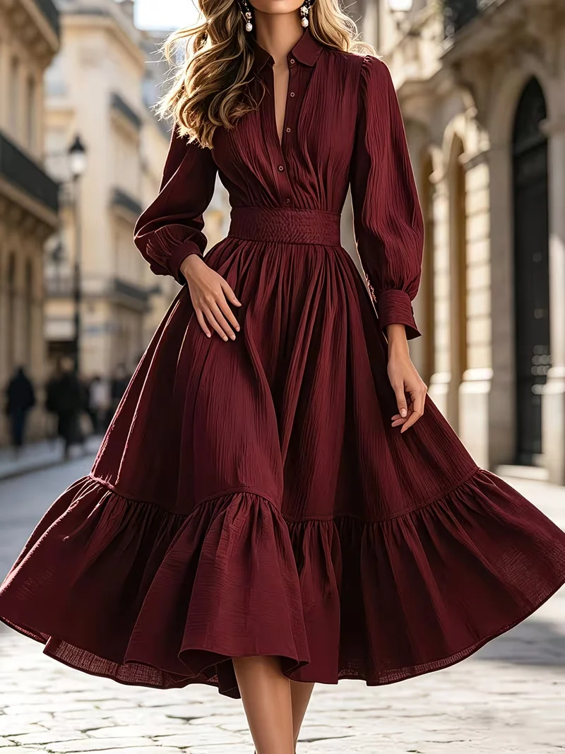 Damen Hemdblusenkleid mit breitem Smokbund, geschwungener Stufenvolant und langen Manschettenärmeln Drune