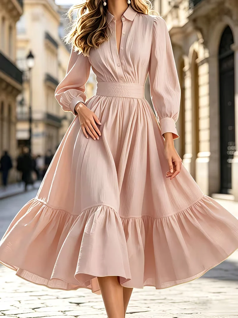 Damen Hemdblusenkleid mit breitem Smokbund, geschwungener Stufenvolant und langen Manschettenärmeln Drune