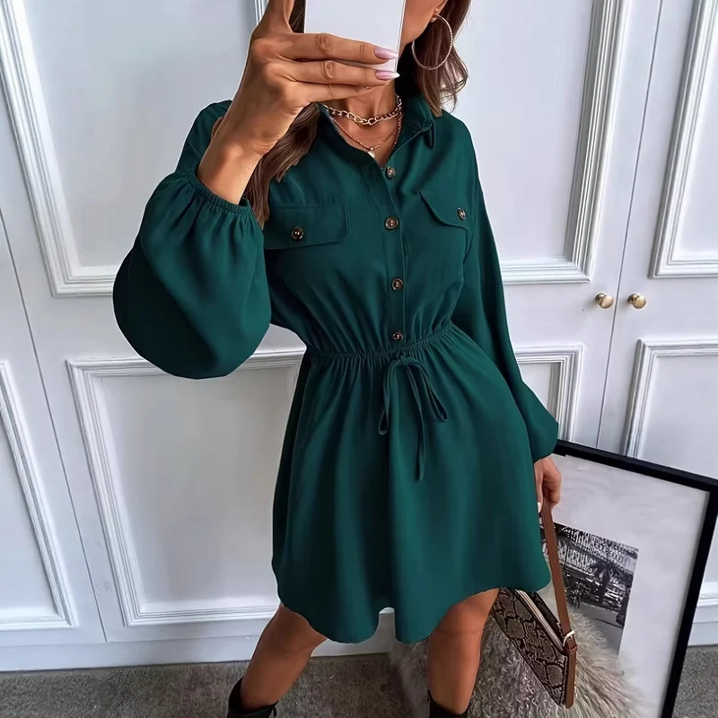 Damen Hemdblusen-Minikleid mit Tunnelzugtaillenband, Pattentaschen und Ballonärmeln Drune