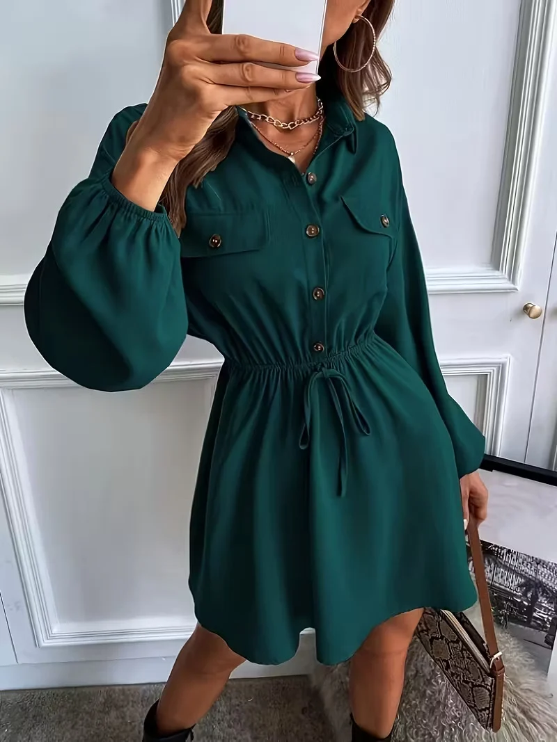 Damen Hemdblusen-Minikleid mit Tunnelzugtaillenband, Pattentaschen und Ballonärmeln Drune