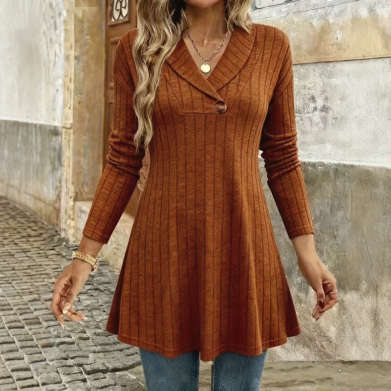 Damen Gestricktes A‑Linien‑Tunika‑Kleid mit Schalkragen und Zierknopf Drune