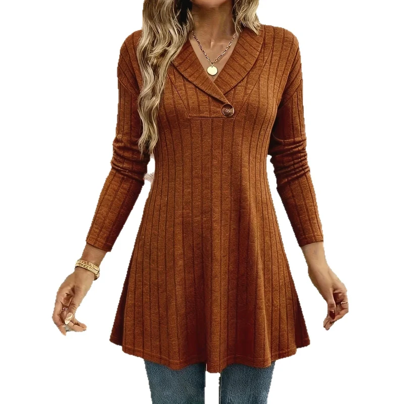 Damen Gestricktes A‑Linien‑Tunika‑Kleid mit Schalkragen und Zierknopf Drune