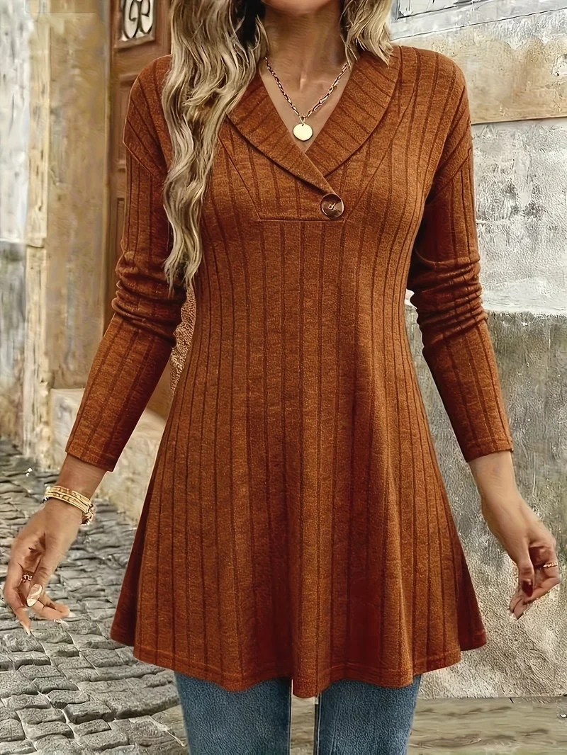 Damen Gestricktes A‑Linien‑Tunika‑Kleid mit Schalkragen und Zierknopf Drune