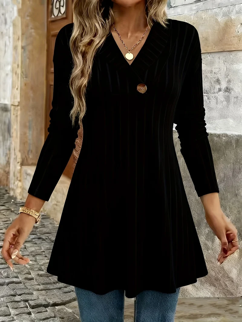 Damen Gestricktes A‑Linien‑Tunika‑Kleid mit Schalkragen und Zierknopf Drune