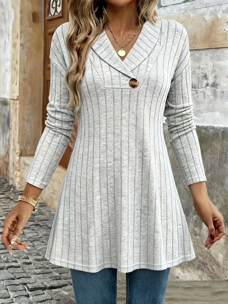 Damen Gestricktes A‑Linien‑Tunika‑Kleid mit Schalkragen und Zierknopf Drune