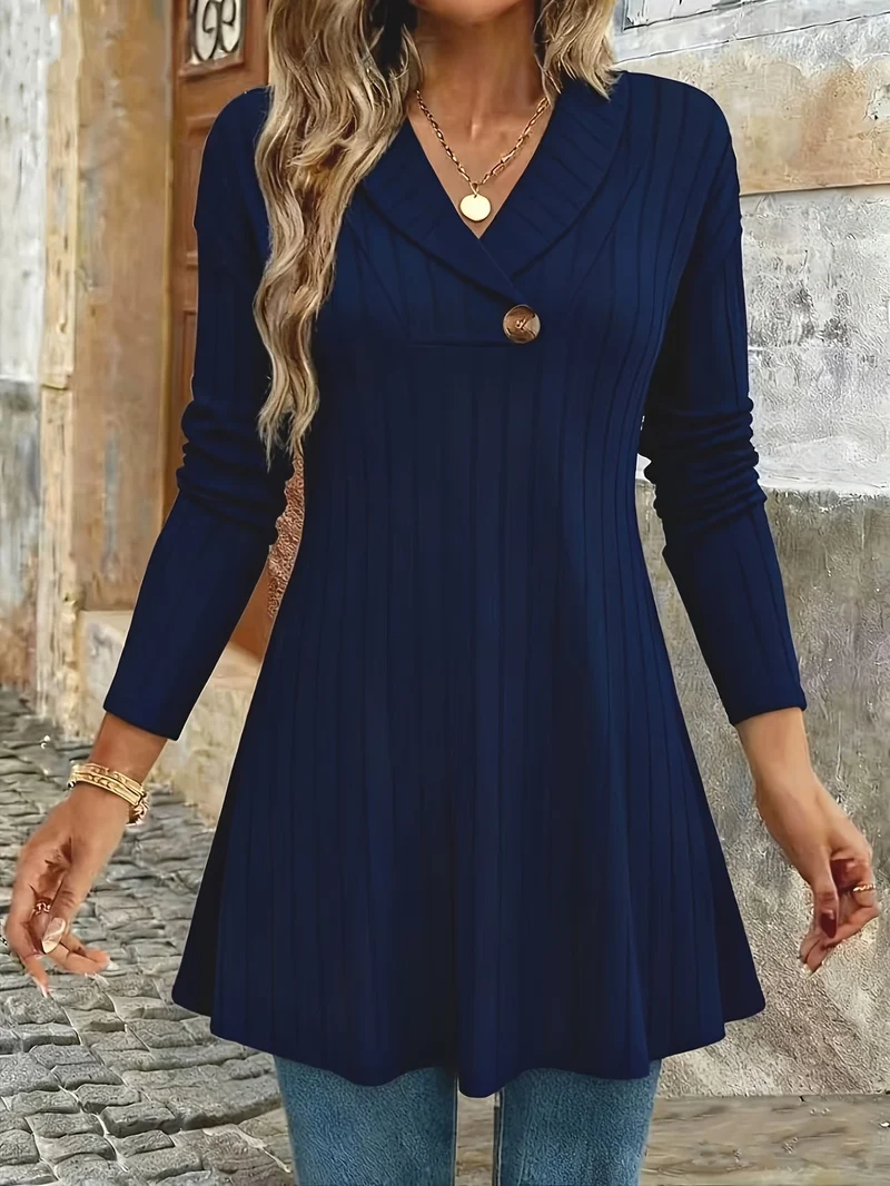 Damen Gestricktes A‑Linien‑Tunika‑Kleid mit Schalkragen und Zierknopf Drune