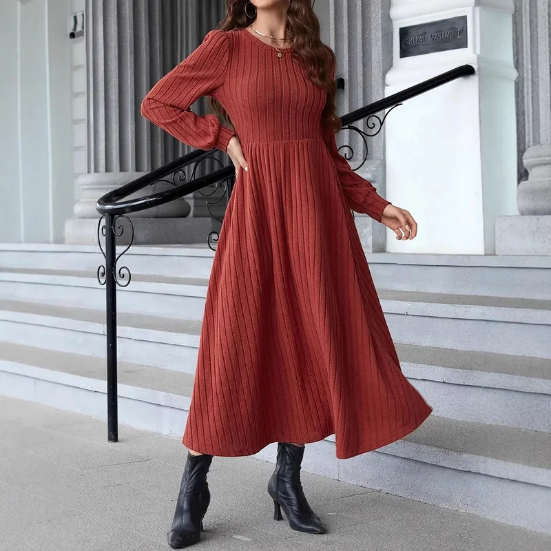 Damen Geripptes Midikleid mit taillierter Schnittführung und langen Ballonärmeln Drune