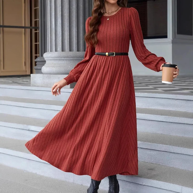 Damen Geripptes Midikleid mit taillierter Schnittführung und langen Ballonärmeln Drune