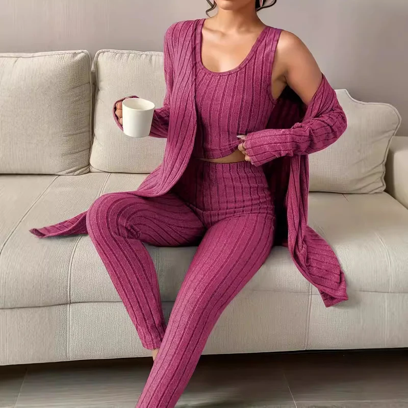 Damen Geripptes Lounge-Set mit Cropped-Top, High-Waist-Leggings und Longcardigan Drune