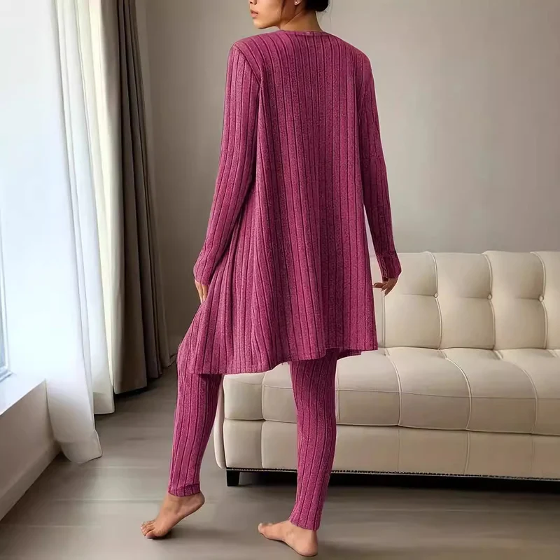 Damen Geripptes Lounge-Set mit Cropped-Top, High-Waist-Leggings und Longcardigan Drune