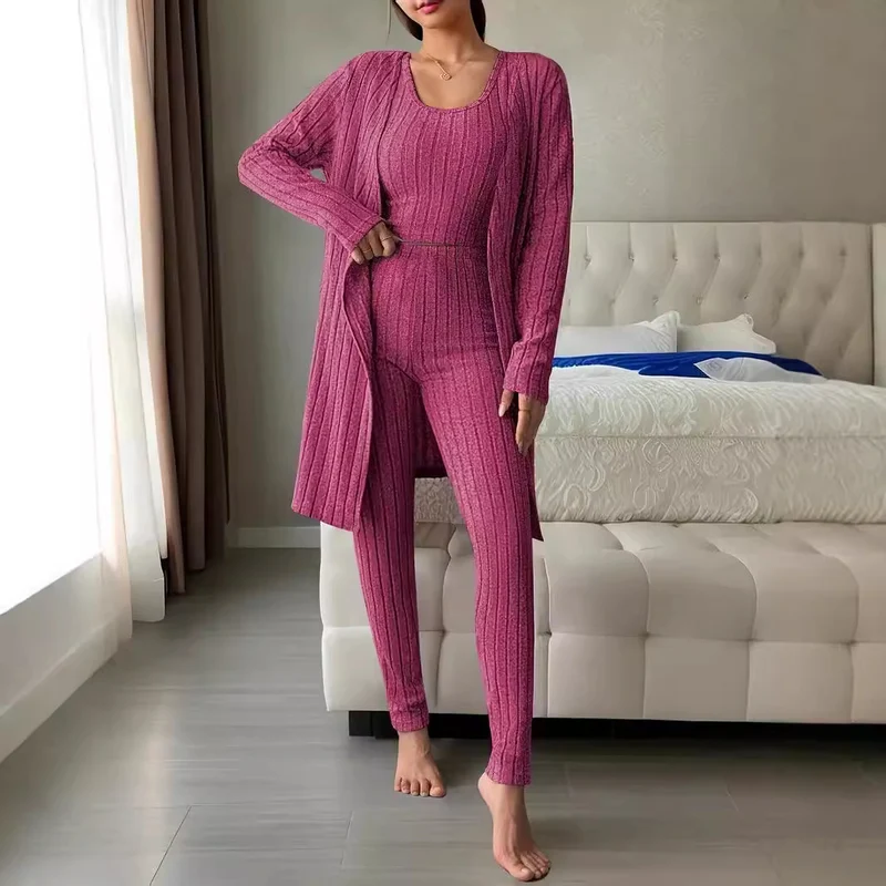 Damen Geripptes Lounge-Set mit Cropped-Top, High-Waist-Leggings und Longcardigan Drune