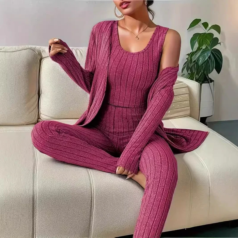 Damen Geripptes Lounge-Set mit Cropped-Top, High-Waist-Leggings und Longcardigan Drune