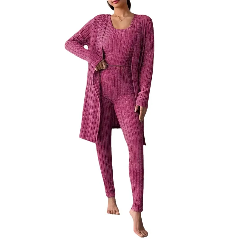 Damen Geripptes Lounge-Set mit Cropped-Top, High-Waist-Leggings und Longcardigan Drune