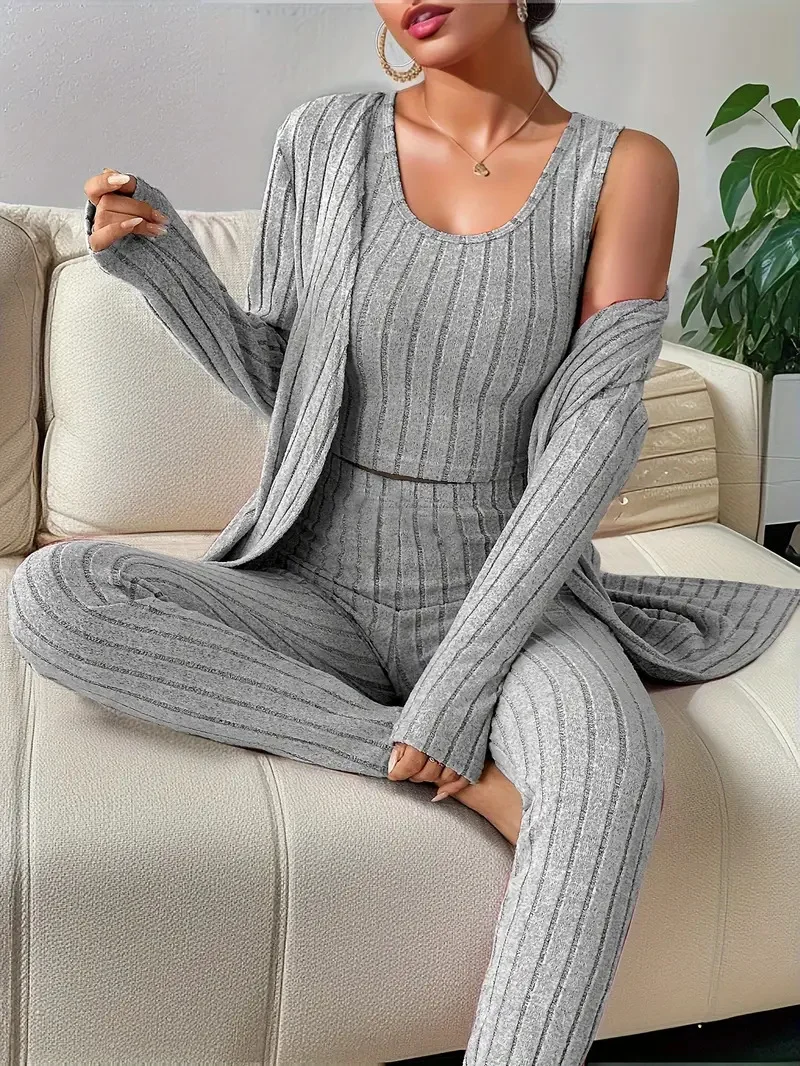 Damen Geripptes Lounge-Set mit Cropped-Top, High-Waist-Leggings und Longcardigan Drune