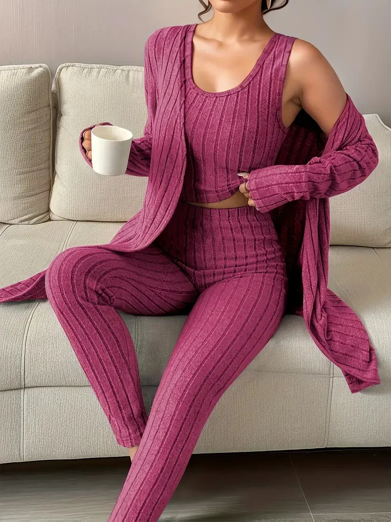 Damen Geripptes Lounge-Set mit Cropped-Top, High-Waist-Leggings und Longcardigan Drune